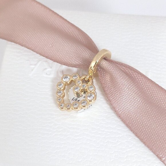 Pandora Sparkling Heart Double Dangle Charm Sterling Silver and 14k Gold Plating - Picture 1 of 7